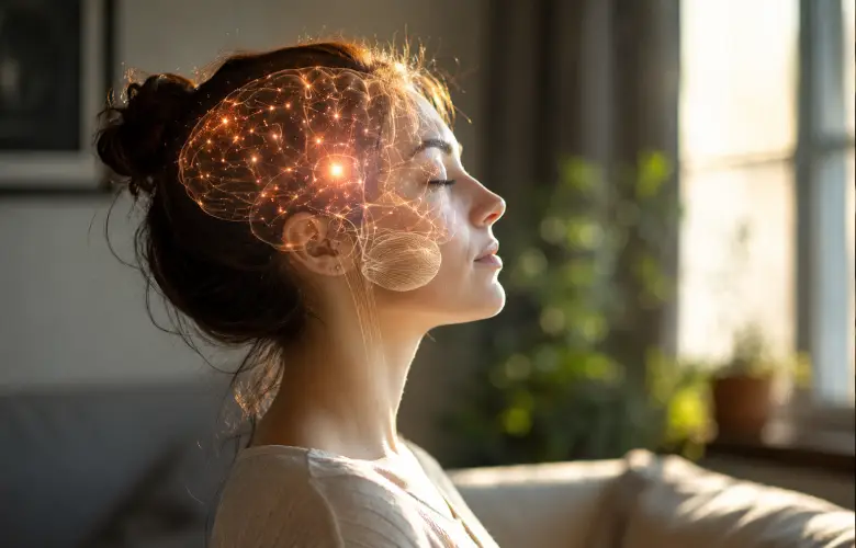 Mujer relajada de perfil con efecto visual de conexiones neuronales en un entorno natural y tranquilo