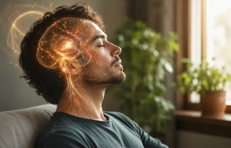 Persona descansando con una representación luminosa del sistema nervioso y la actividad mental
