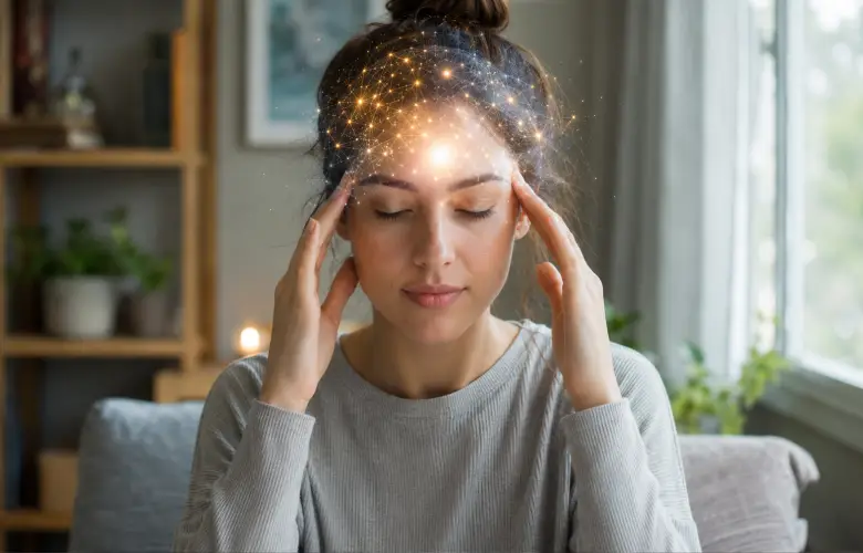 Mujer con los ojos cerrados y las manos en las sienes en un momento de calma mental