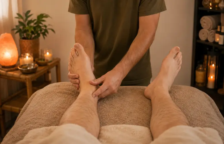 Reflexología podal en camilla con terapeuta trabajando los pies en una sala cálida