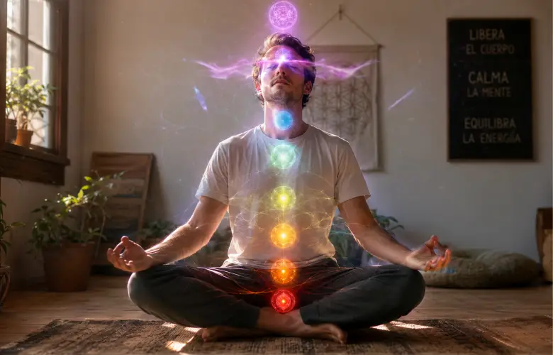 Persona meditando en una habitación tranquila con representación visual de energía y calma interior