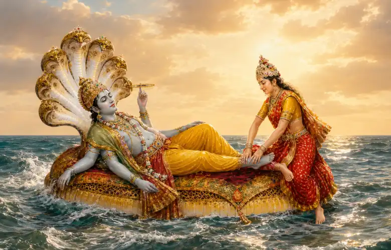 Pintura tradicional india con una figura recibiendo masaje en los pies