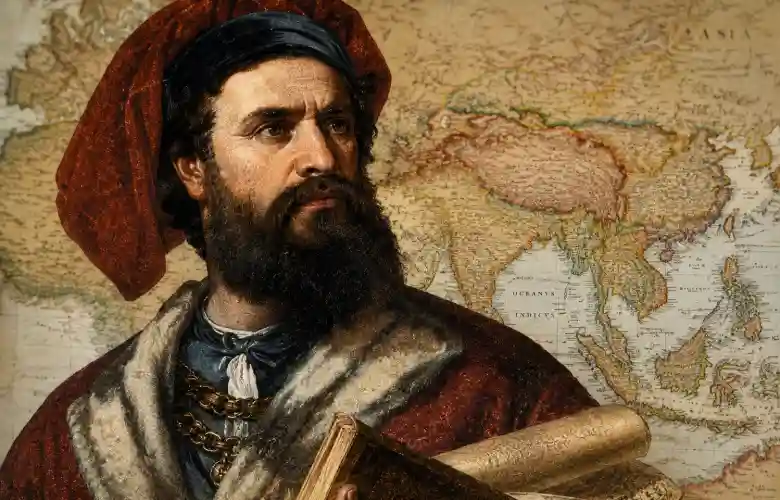 Retrato histórico de un viajero con mapa antiguo de fondo