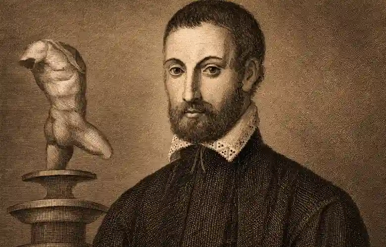 Retrato histórico de Benvenuto Cellini junto a una escultura clásica