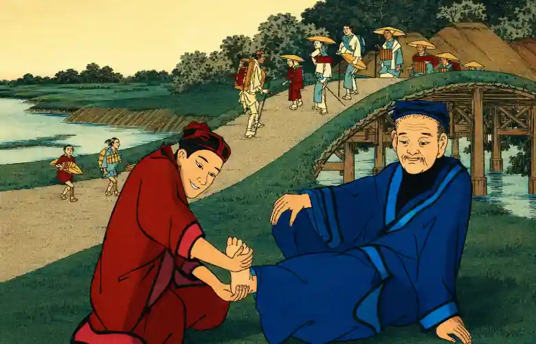 Ilustración asiática tradicional con una persona recibiendo masaje en los pies
