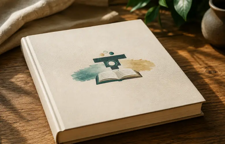 Libro cerrado sobre una mesa cálida representando un método de bienestar estructurado