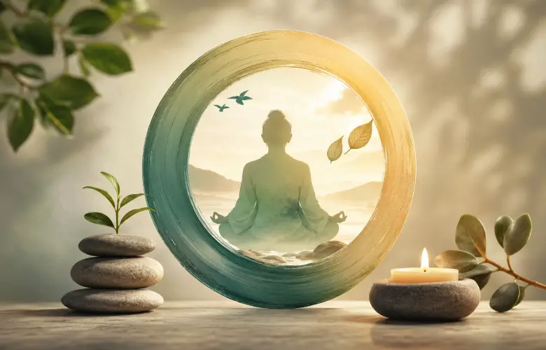 Composición serena con elementos naturales que representan cuerpo, mente y energía en equilibrio