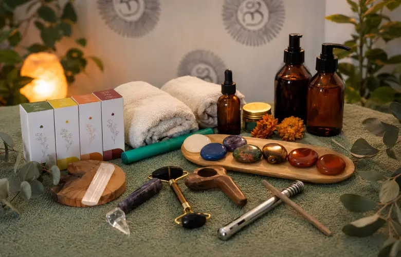 Herramientas de trabajo de Qi Balance con aceites, minerales, moxa, toallas y utensilios terapéuticos