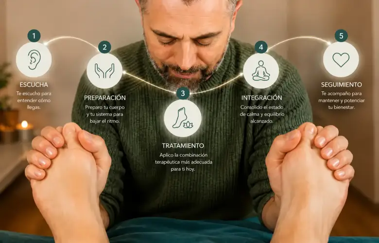 Sesión de reflexología podal en Qi Balance con representación visual de un proceso de regulación corporal