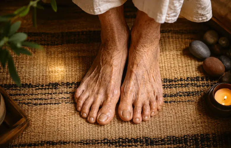 Pies de una persona mayor sobre una alfombra natural con vela y piedras en ambiente de calma