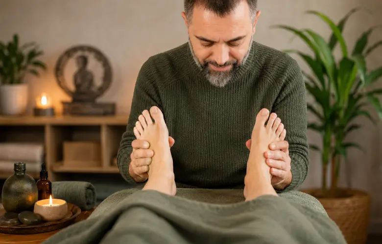 Terapeuta realizando reflexología podal en una sala cálida con camilla y ambiente natural