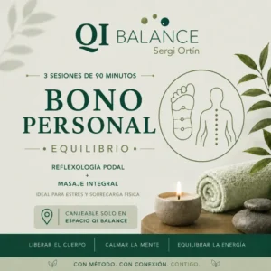 Este bono personal de 3 sesiones de Equilibrio Integral combina reflexología podal y masaje integral para trabajar a la vez el sistema nervioso y muscular.