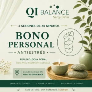 Este bono personal de 3 sesiones de Reflexología Podal Antiestrés está pensado para personas que sienten la mente hiperactiva, estrés mental o insomnio.