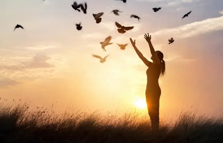 Persona abriendo los brazos al amanecer en un paisaje natural