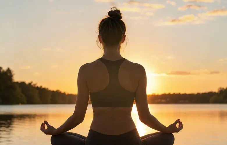 Persona meditando junto a un lago durante el amanecer