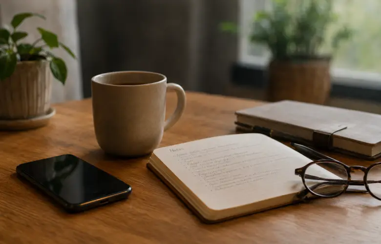 Mesa con móvil, libreta y taza como señales de saturación mental diaria