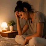 Persona cansada sentada en la cama porque no puede desconectar aunque esté agotada
