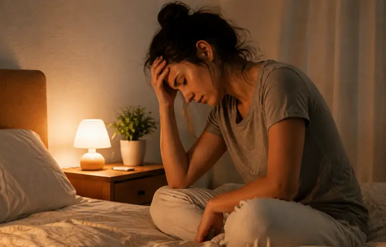 Persona cansada sentada en la cama porque no puede desconectar aunque esté agotada